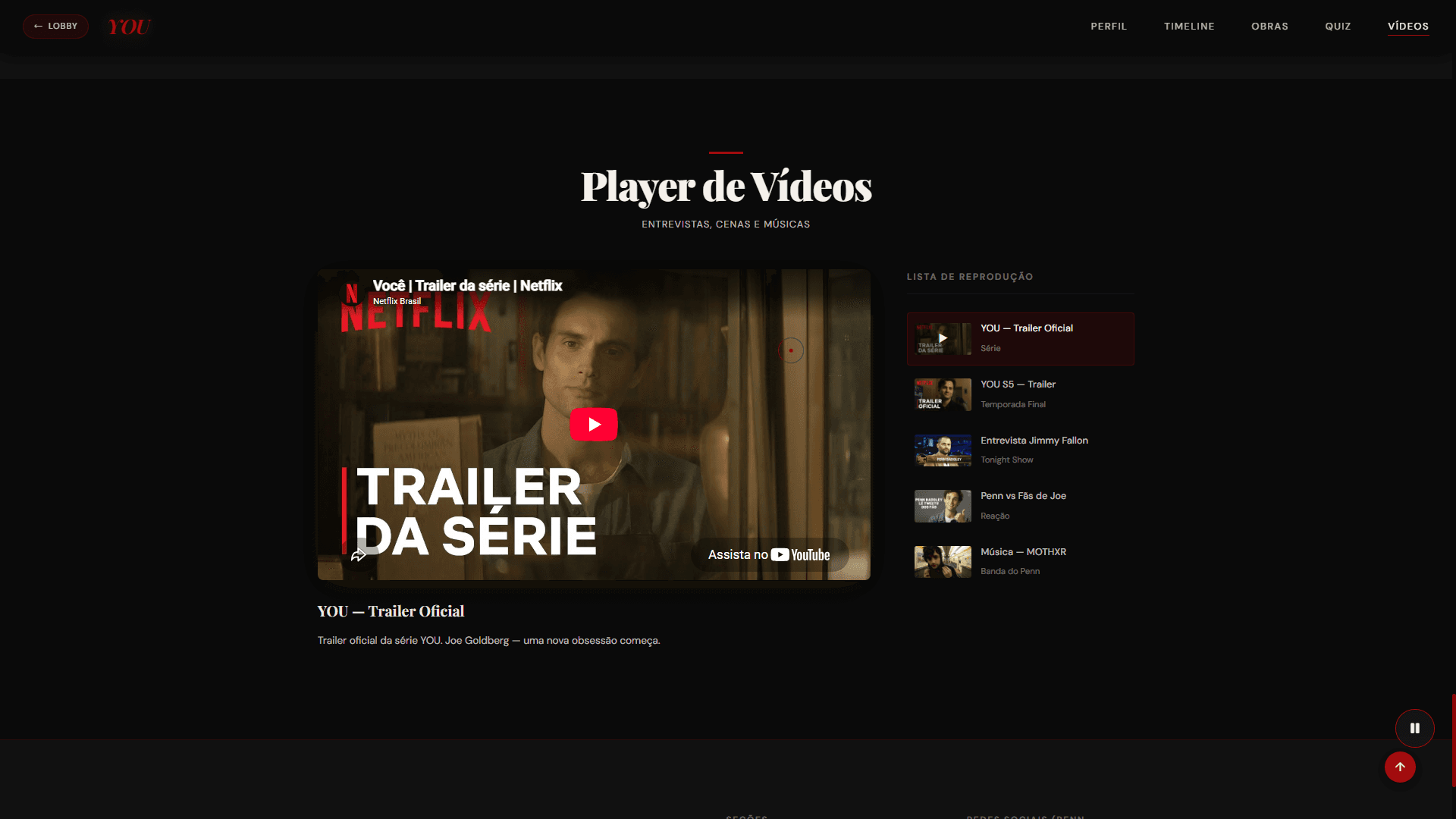 Player de mídia customizado com integração ao YouTube e playlist lateral.