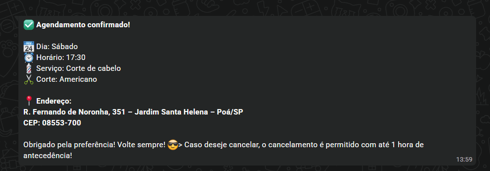 Confirmação do agendamento.