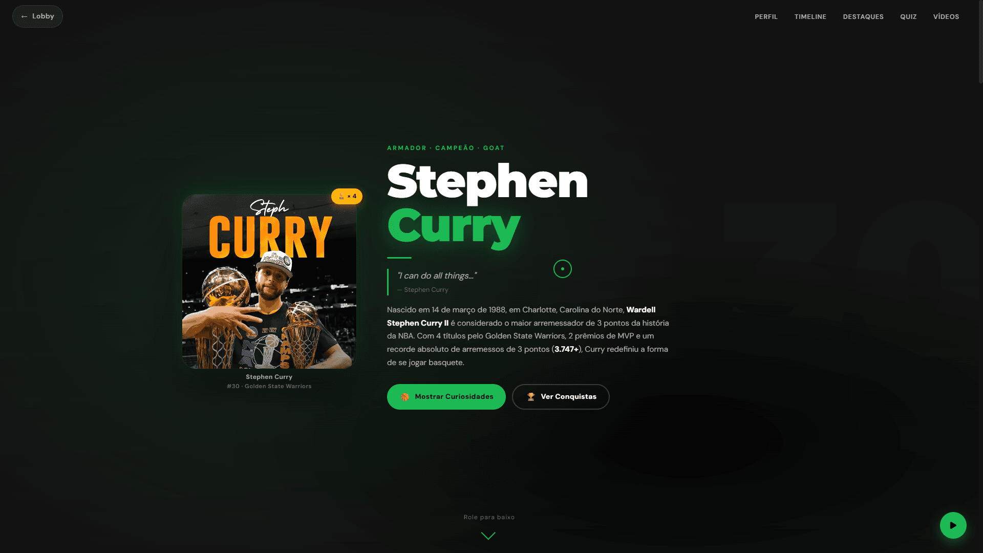 Seção Hero de Stephen Curry no estilo Spotify com estatísticas da NBA.