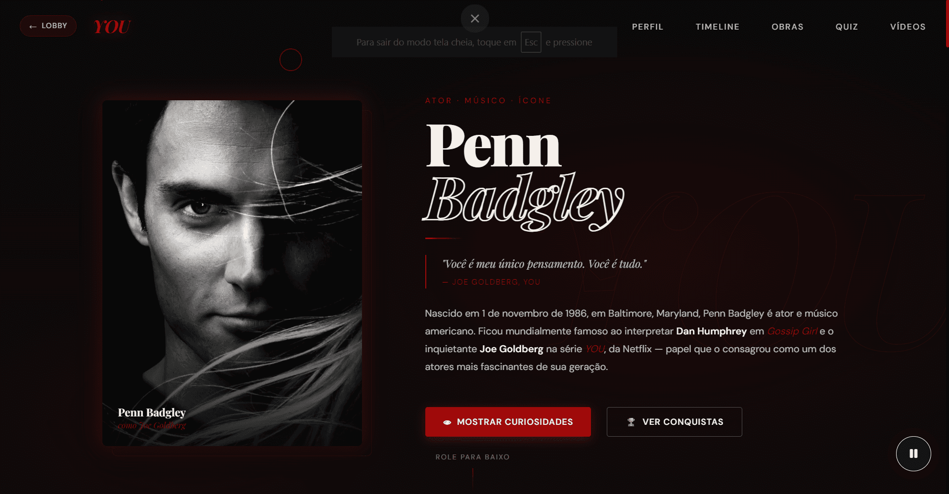 Seção Hero de Penn Badgley com tipografia temática e citação marcante.