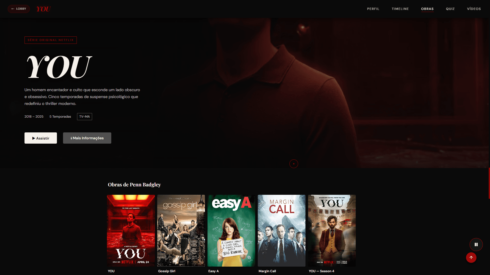 Carrossel de obras no estilo plataforma de streaming com detalhes em modal.