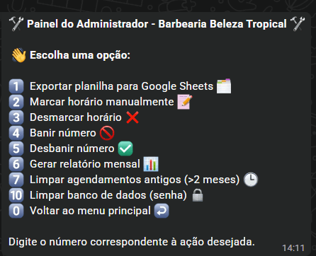 Painel administrativo pelo WhatsApp.