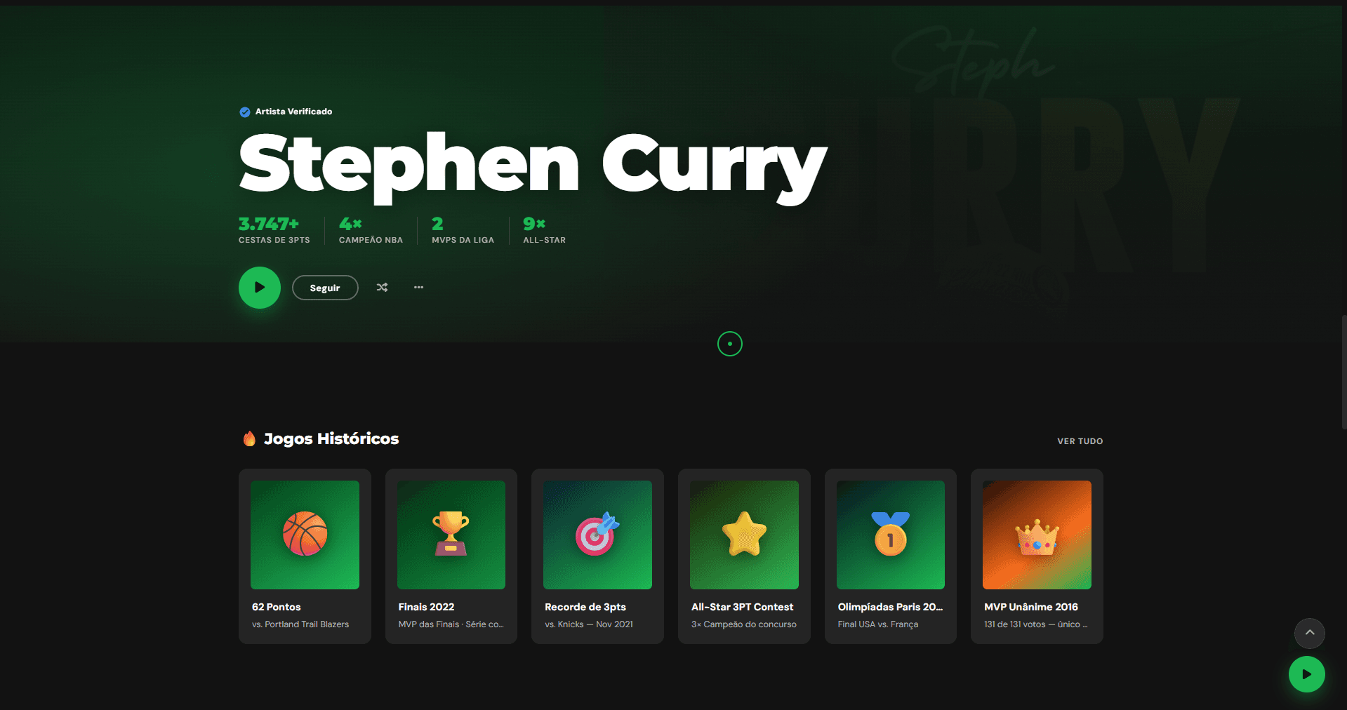 Interface de jogos históricos inspirada no visual do Spotify.