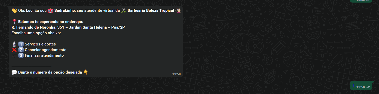 Mensagem de boas-vindas do bot.